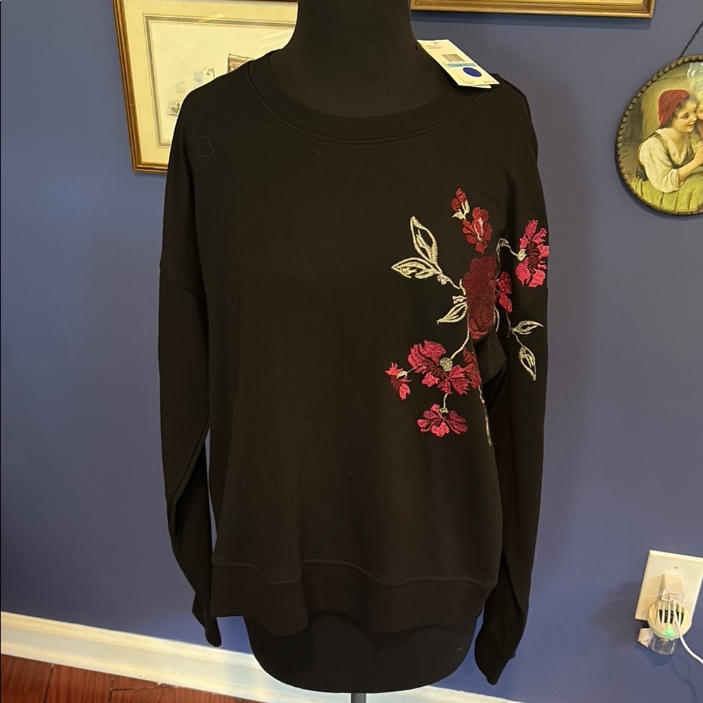 NWT Jessica Simpson Black Sweatshirt with Pink Floral Design
